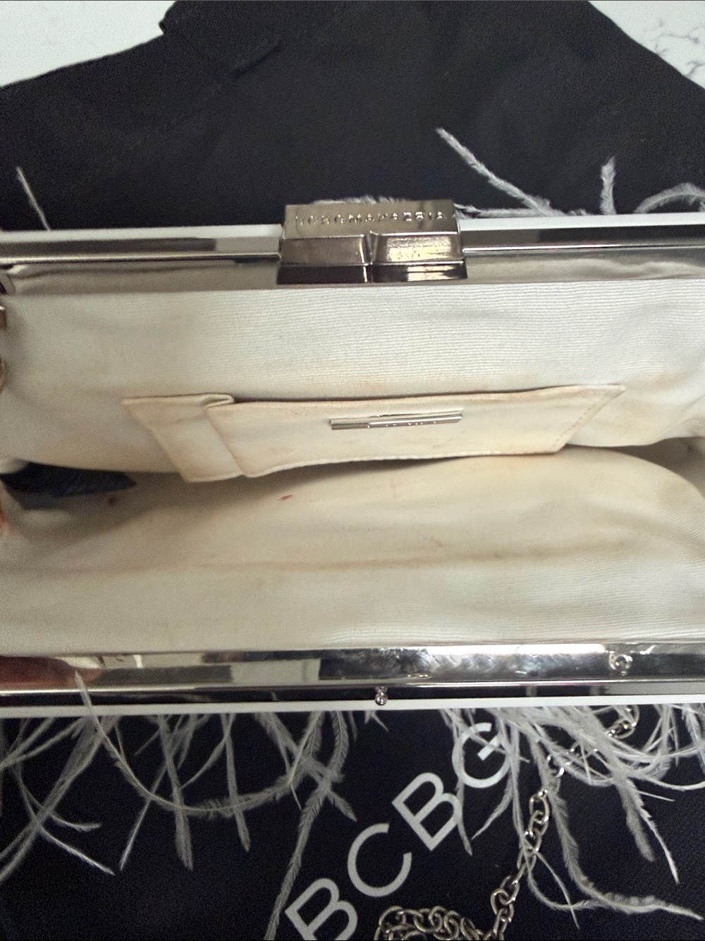 BCBGMaxAzria Ivory Ostrich Feather Detail Chain Clutch - Picture 5 of 6